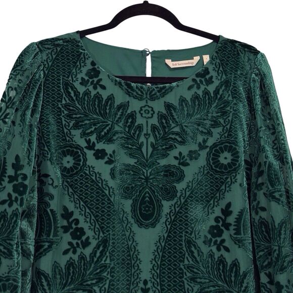 Soft Surroundings Top Vanetta Velvet Burnout Women’s Large Emerald Green Blouse - Picture 4 of 8